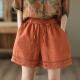 Thin Elastic-Waist Lace-up Hollowed-Out Casual Cotton-Linen Straight Pants