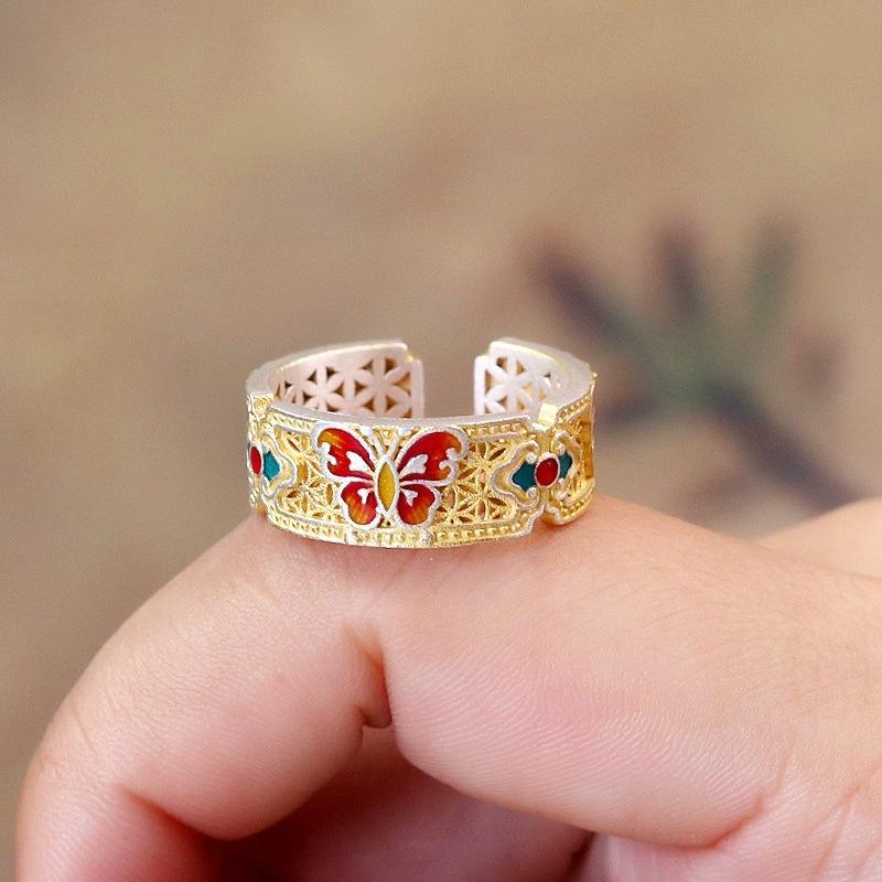 999 Fine Silver Enamel Butterfly Ring Adjustable Chinese Style Women Band