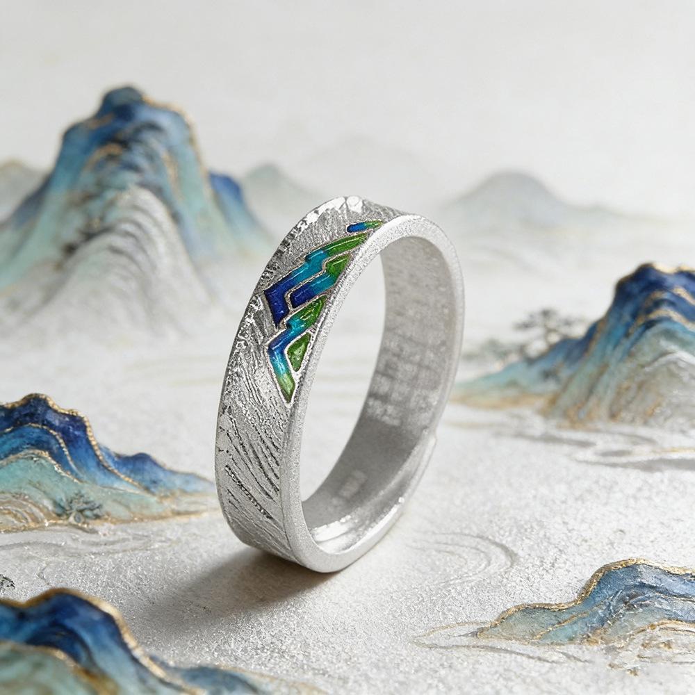 999 Fine Silver Blue Enamel Landscape Ring Engraved Heart Sutra Open Band