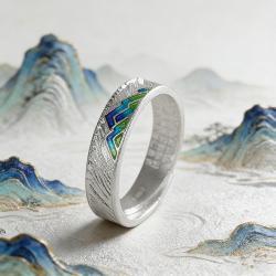 999 Fine Silver Blue Enamel Landscape Ring Engraved Heart Sutra Open Band