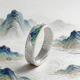 999 Fine Silver Blue Enamel Landscape Ring Engraved Heart Sutra Open Band