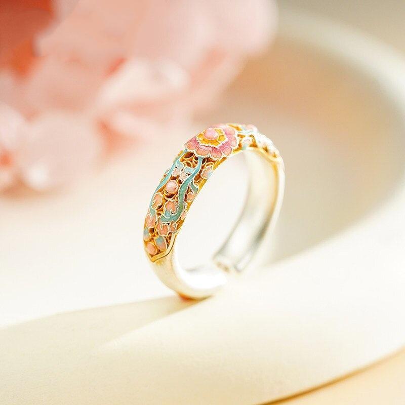 9999 Fine Silver Gilded Enamel Chinese Style Crabapple Flower Ring