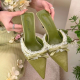 French Bow Lace Mule Slippers Women 2026 New Pointed Toe High Heel Sandals Stiletto Heel Slide Slippers