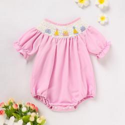 Infant Girls Cute Birthday Smocked Bubble Romper Short Sleeves Crew Neck Cartoon Embroidery Princess Party Romper Bodysuit