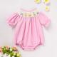 Infant Girls Cute Birthday Smocked Bubble Romper Short Sleeves Crew Neck Cartoon Embroidery Princess Party Romper Bodysuit