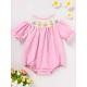 Infant Girls Cute Birthday Smocked Bubble Romper Short Sleeves Crew Neck Cartoon Embroidery Princess Party Romper Bodysuit