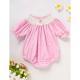 Infant Girls Cute Birthday Smocked Bubble Romper Short Sleeves Crew Neck Cartoon Embroidery Princess Party Romper Bodysuit