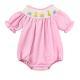 Infant Girls Cute Birthday Smocked Bubble Romper Short Sleeves Crew Neck Cartoon Embroidery Princess Party Romper Bodysuit