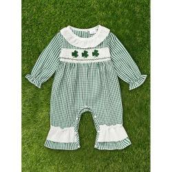 Ewborn Baby Girls Green Plaid Four-leaf Clover Allover Print One-piece Long Sleeve Bodysuit