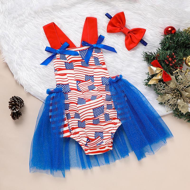 Babys Independence Day Style Flag Pattern Triangle Bodysuit, Casual Sleeveless Bowknot Romper