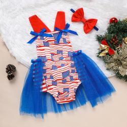 Babys Independence Day Style Flag Pattern Triangle Bodysuit, Casual Sleeveless Bowknot Romper