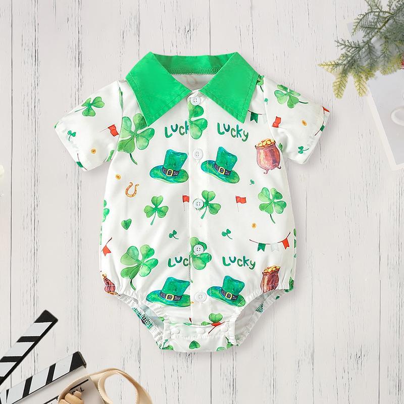 Newborn Baby Boy St. Patricks Day Clothes Short Sleeve Clover Print Romper & Suspenders Pant 2Pcs Casual Clothes Set