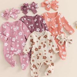 Spring And Autumn Flowers Full Printed Long-sleeved Jumpsuit