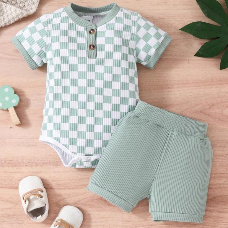 Two-piece Set Polo Collar Plaid Triangle Rompers Suit