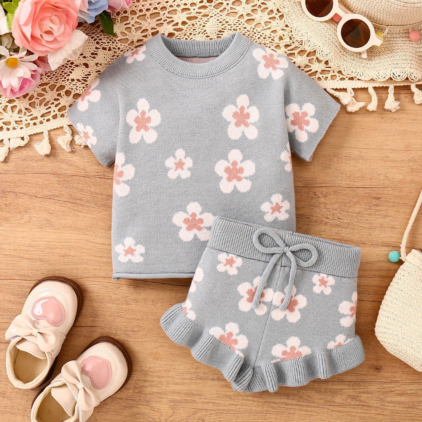 Childrens Flower Embroidery Ruffled Short Sleeves Shorts Suit
