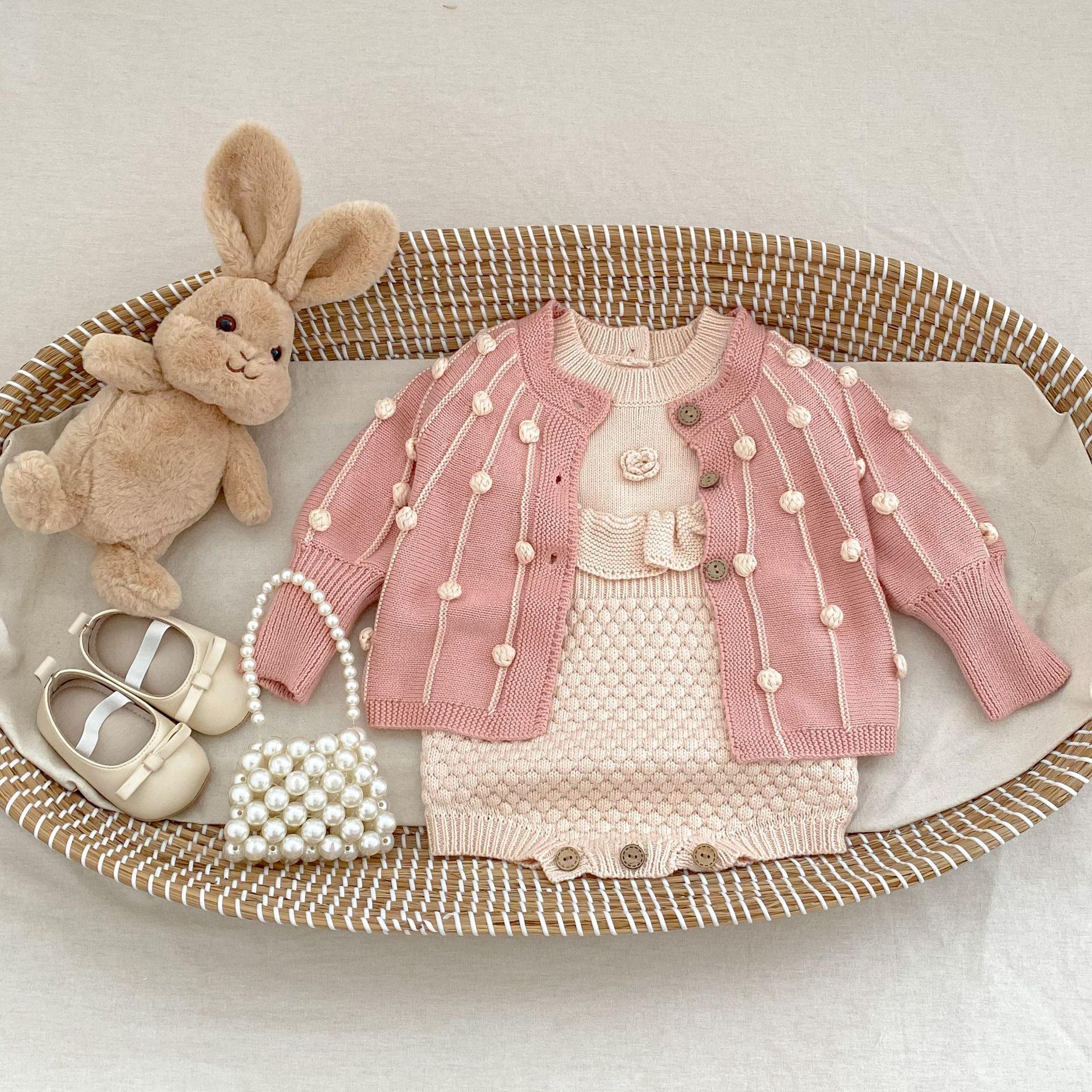 Baby Hand Crocheting Flower Pineapple Plaid Knitted Wool Long Sleeve Jumpsuit