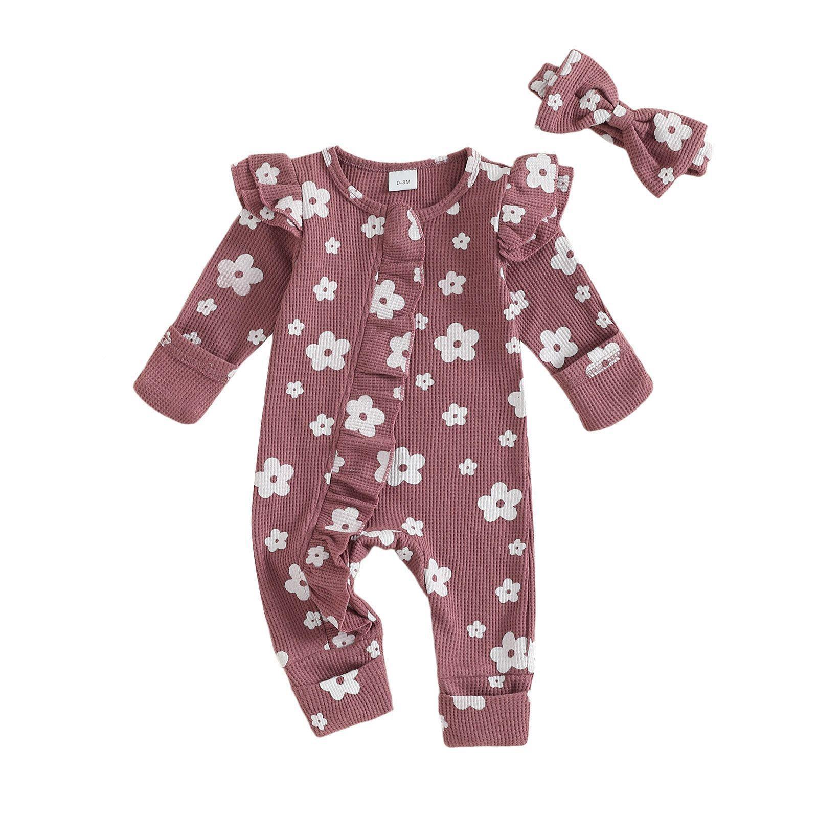 Girls Long-sleeved Flower Print Zipper Hair Band Jumpsuit