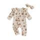 Girls Long-sleeved Flower Print Zipper Hair Band Jumpsuit