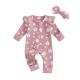 Girls Long-sleeved Flower Print Zipper Hair Band Jumpsuit