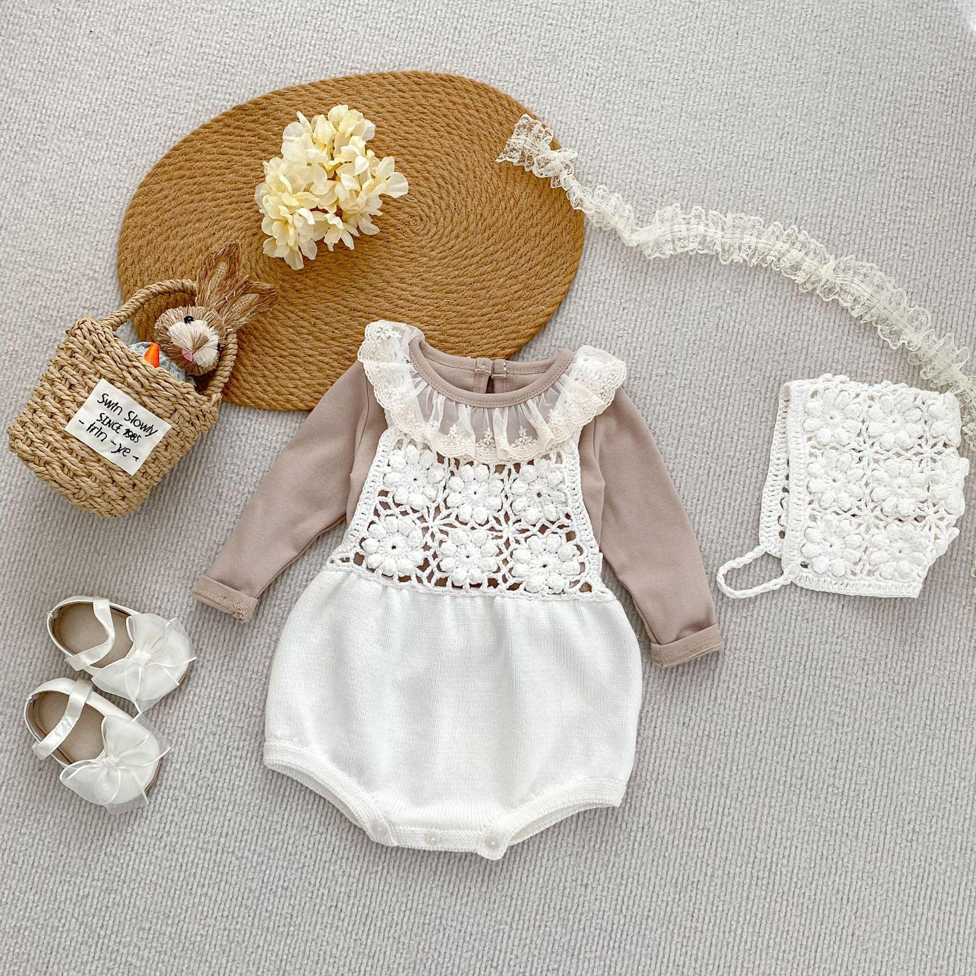 Baby Sweater Romper Solid Color Flower Cutout Strap Knitted Romper Hat