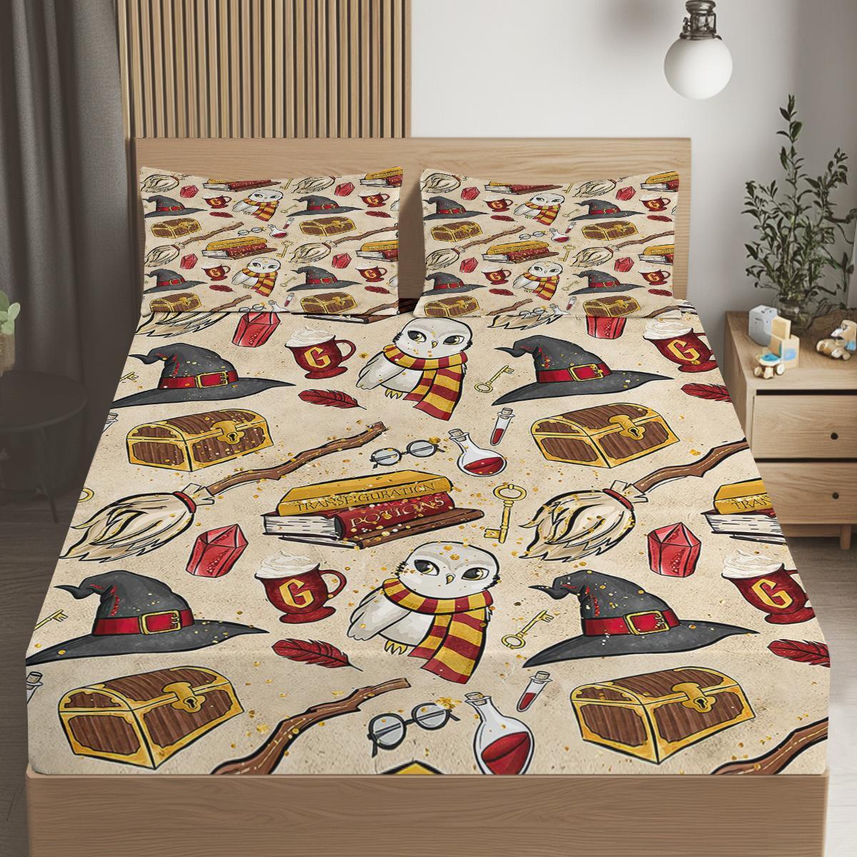 3PCS Halloween Bed Sheet Set, White Bedding Set, Magic Potion Spell Book Wizard Witch Hat Broom Scarf Owl Witchy Spooky Gothic, 1 Fitted Sheet, 2 Pillow Cases