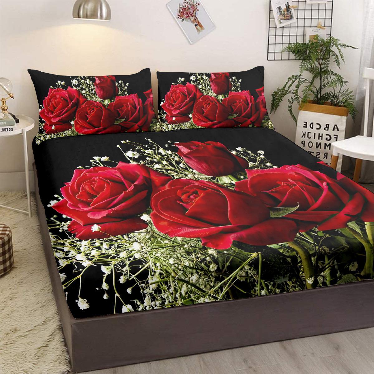 3pcs Rose Floral Bed Sheet, Microfiber Flower Bedding Sheet Set, Red Black Bedding Sheet Set With 1 Fitted Sheet And 2 Pillowcases