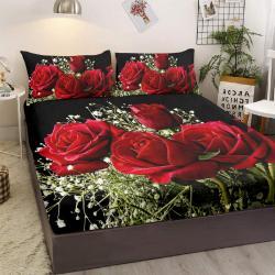 3pcs Rose Floral Bed Sheet, Microfiber Flower Bedding Sheet Set, Red Black Bedding Sheet Set With 1 Fitted Sheet And 2 Pillowcases