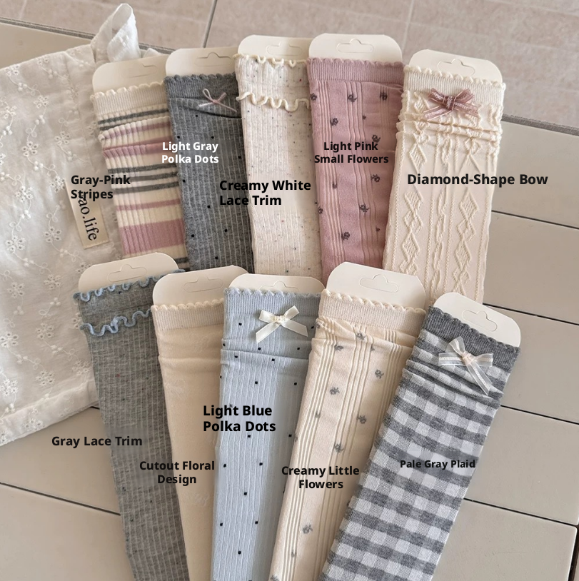 Socks-Lace bow-Light blue dots-1 pair - Option1