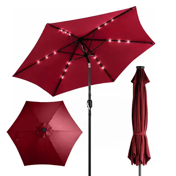 9ft Solar LED Patio Umbrella With Push Button Tilt & Crank, 6 Ribs Waterproof Polyester Outdoor Market Table Umbrella For Garden Backyard Pool, Burgundy