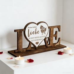 Personalized LOVE Wooden Sign With Rose Engraving,English&German Heart Table Decor,Valentine Anniversary Gift For Couple