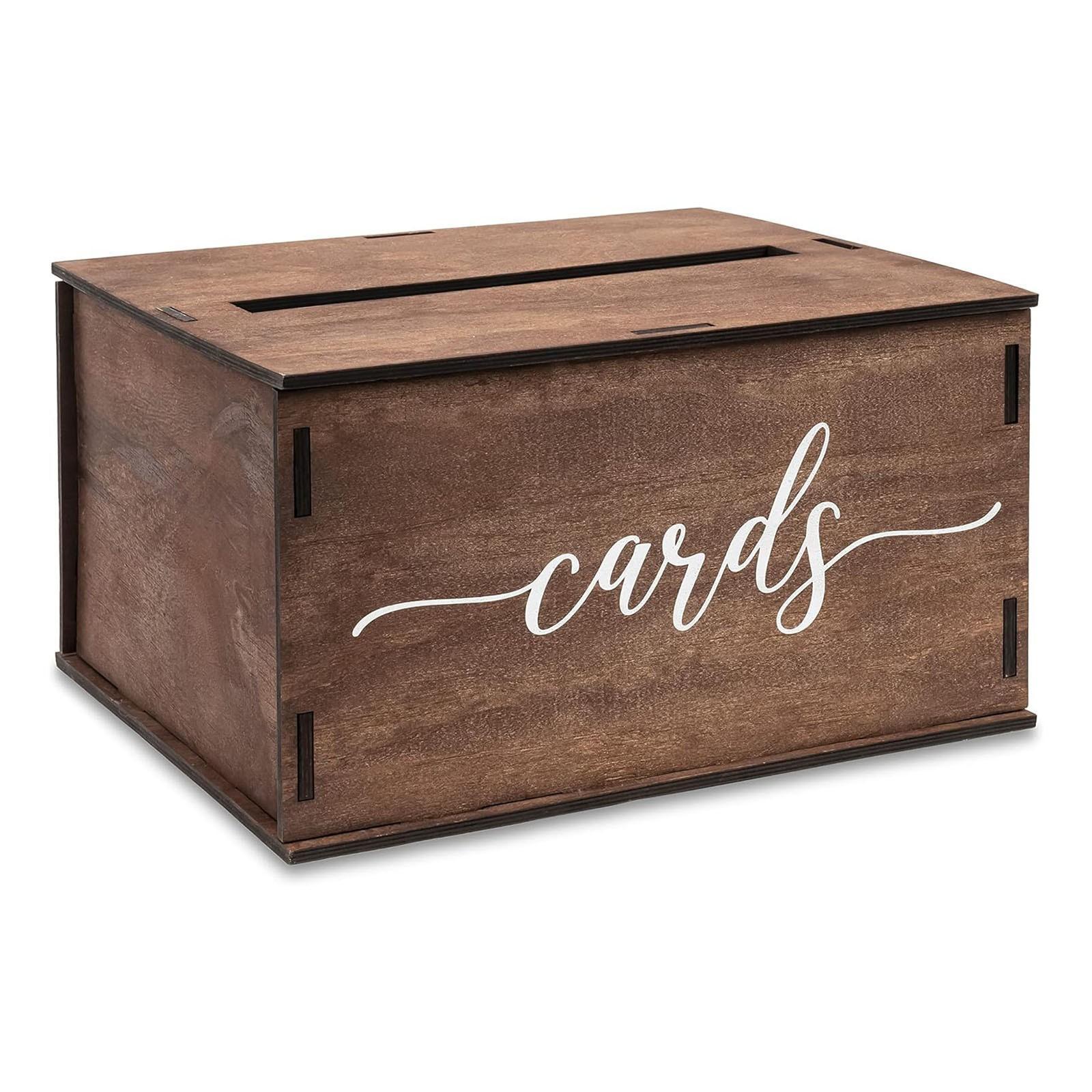 Rustic Dark Brown Wooden Wedding Card Box With Script Cards Print, Removable Lid Envelope Gift Card Holder For Wedding Reception Bridal Shower Party Decor