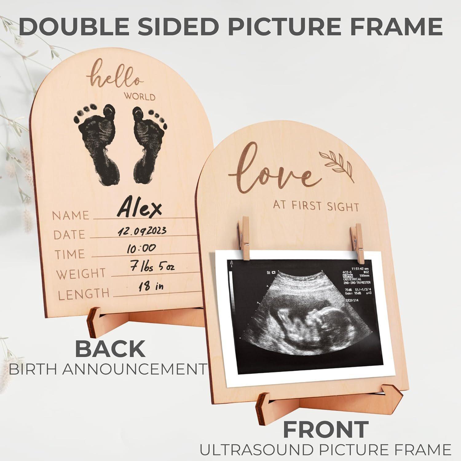 Double Sided Wooden Ultrasound Picture Frame, Love At First Sight Sonogram Photo Holder With Clips, Hello World Baby Birth Stats Announcement Sign, Newborn Footprint Keepsake Frame, Pregnancy Gift For