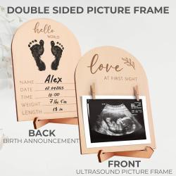 Double Sided Wooden Ultrasound Picture Frame, Love At First Sight Sonogram Photo Holder With Clips, Hello World Baby Birth Stats Announcement Sign, Newborn Footprint Keepsake Frame, Pregnancy Gift For