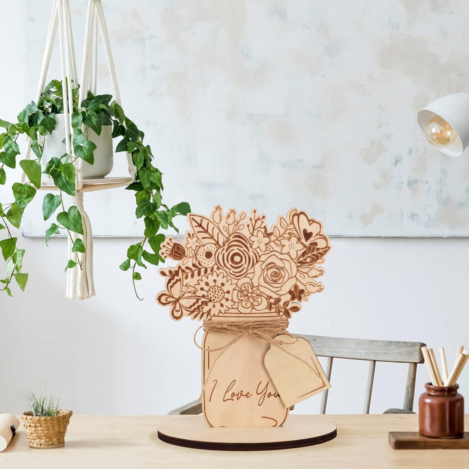 Log DIY Painted Vase Flower Ornaments Laser Engraving Wooden Flower Arrangement Crafts Mothers Day Handmade Gifts Desktop Decoration