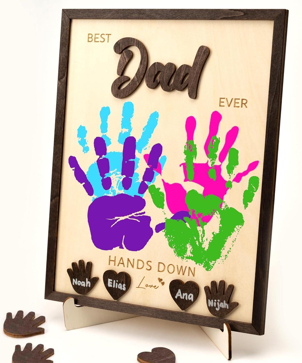 Personalized Best Dad Ever Hands Down Wooden Handprint Sign, Custom DIY Handprint Plaque With Detachable Name Cutouts, Fathers Day Birthday Keepsake Gift For Dad Papa Grandpa From Kids Son Daughter