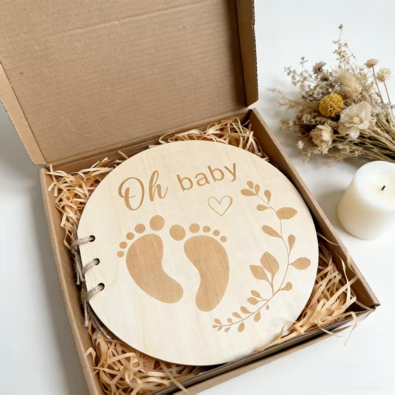 Round Wood Cover Baby Photo Journal With Footprint Engraving, Blank Inner Pages Baby Keepsake Scrapbook, Gender Neutral Baby Shower Present For New Parents