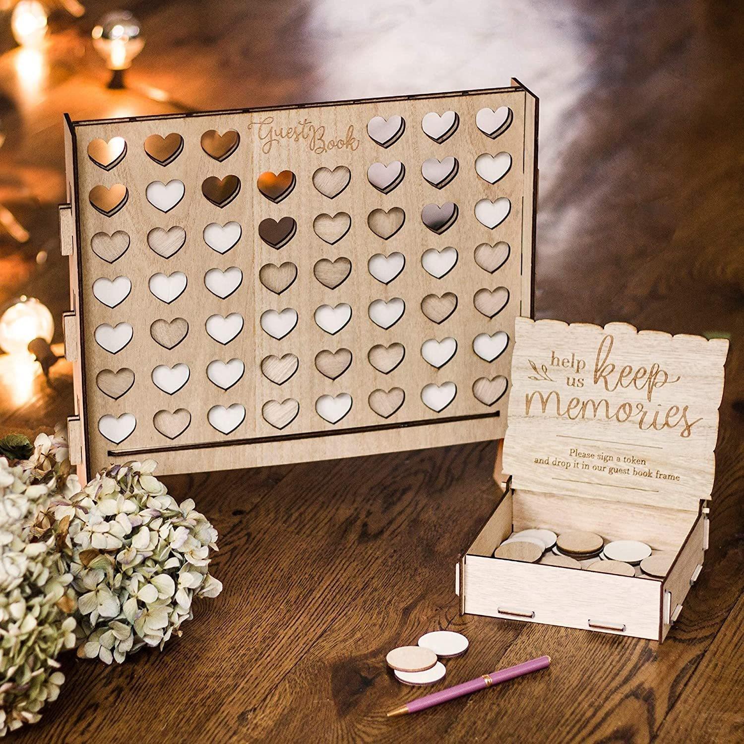 Wooden Heart Wedding Guest Book, Rustic Drop Box Sign Board With Keepsake Hearts
