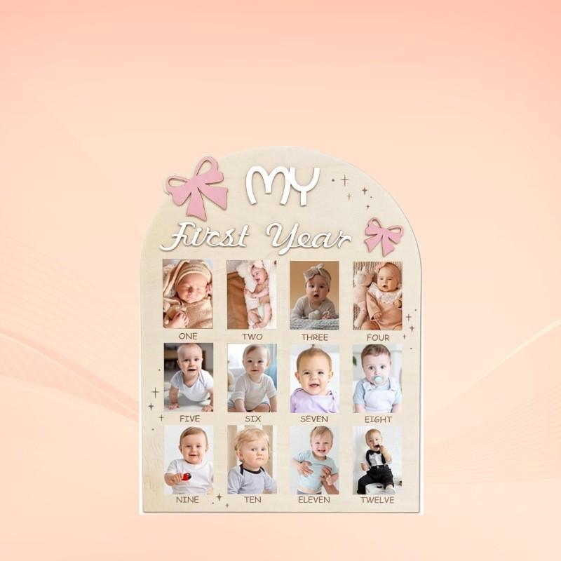 My First Year Baby Photo Frame, Bow Design 12 Months Milestone Wooden Photo Board, Baby Growth Keepsake Prop
