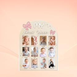 My First Year Baby Photo Frame, Bow Design 12 Months Milestone Wooden Photo Board, Baby Growth Keepsake Prop