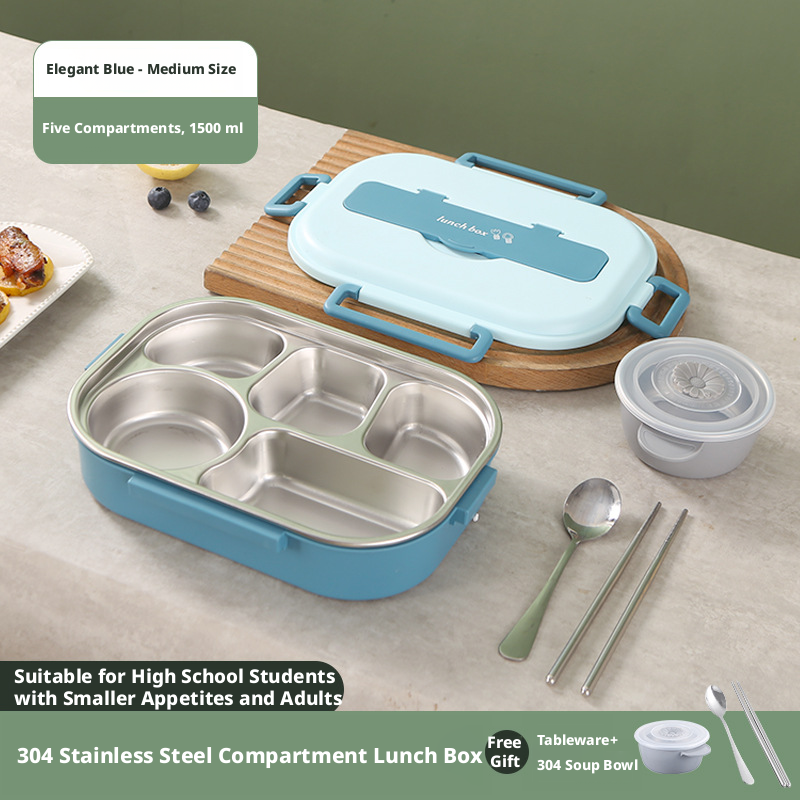 Square button lunch box-1.5L five-grid model + tableware soup bowl-blue-304 stainless steel-1 set - Option1