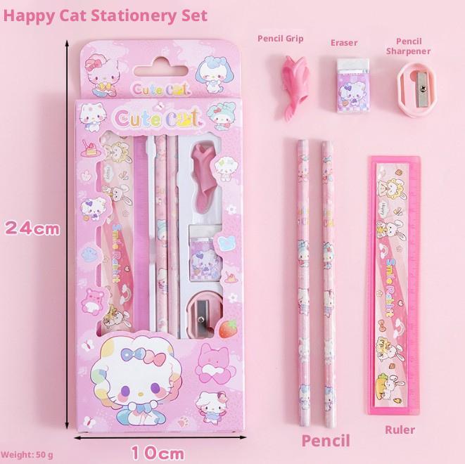 Stationery Set-Cat Card Hanging Model-Pink-2 pencils + ruler + eraser + pencil sharpener + pencil holder-1 set - Option1