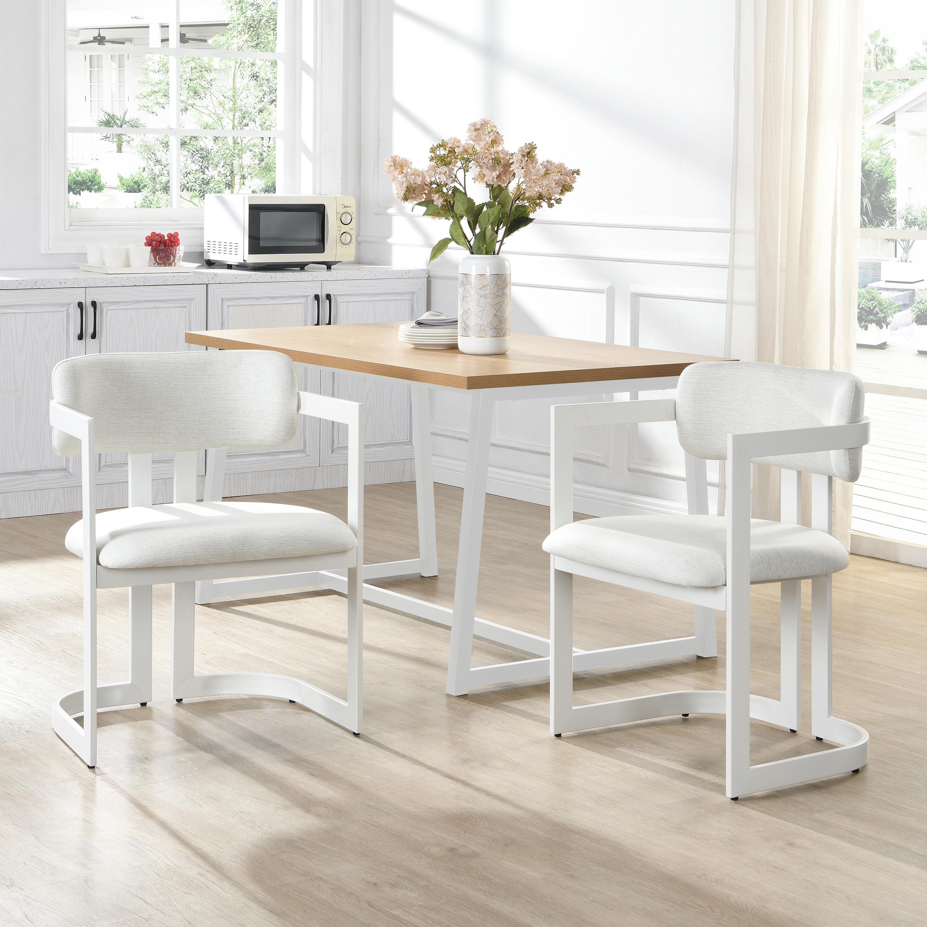 Upholstered Dining Chairs Set Of 2, Fabric Armchairs With Beige Seating White Metal Frame, 265 LBS Weight Capacity