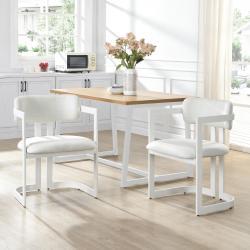 Upholstered Dining Chairs Set Of 2, Fabric Armchairs With Beige Seating White Metal Frame, 265 LBS Weight Capacity
