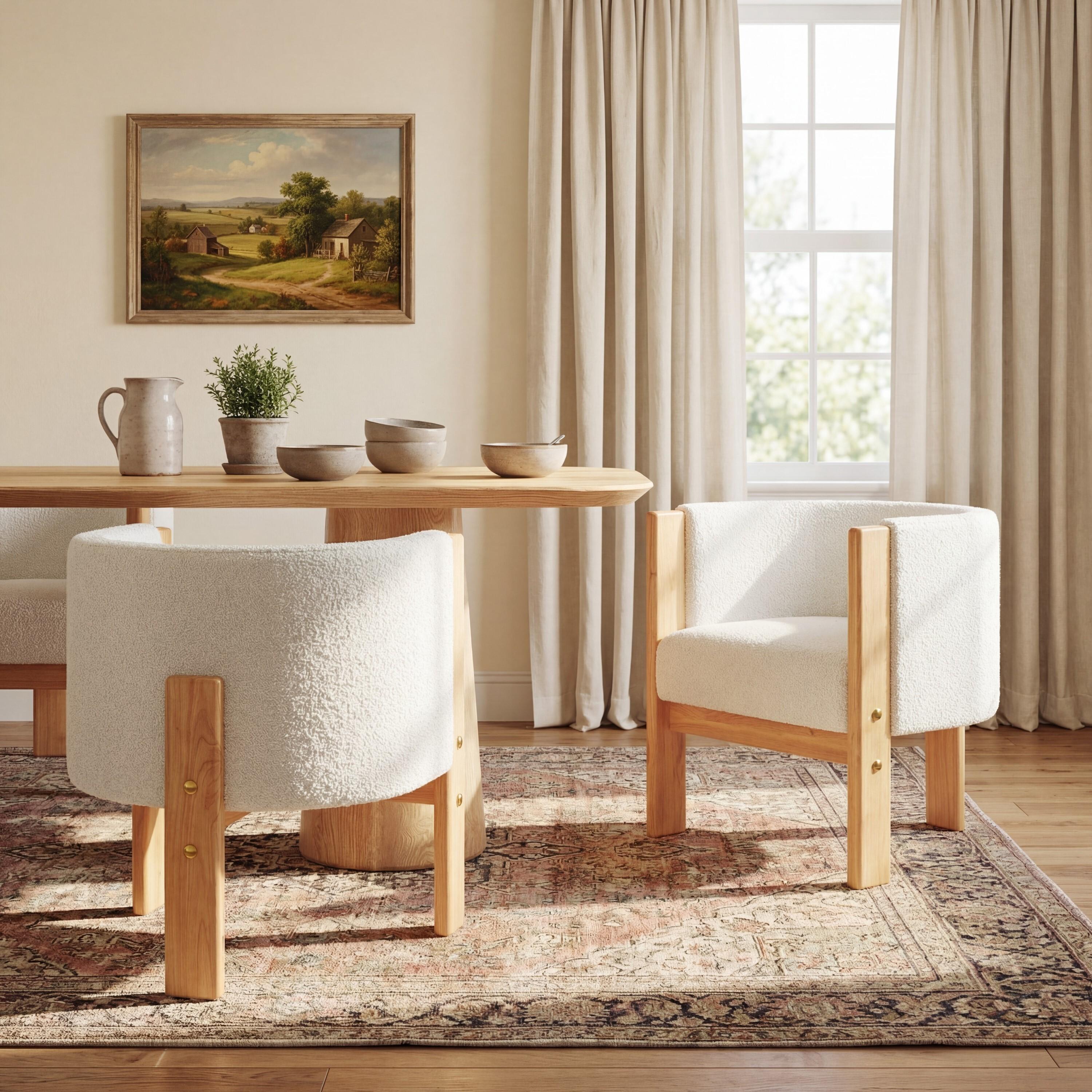 Upholstered Dining Chairs Set Of 2, Natural Rubber Wood Frame And White Boucle Fabric, Modern Armchairs For Dining And Living Room, 225lbs Capacity