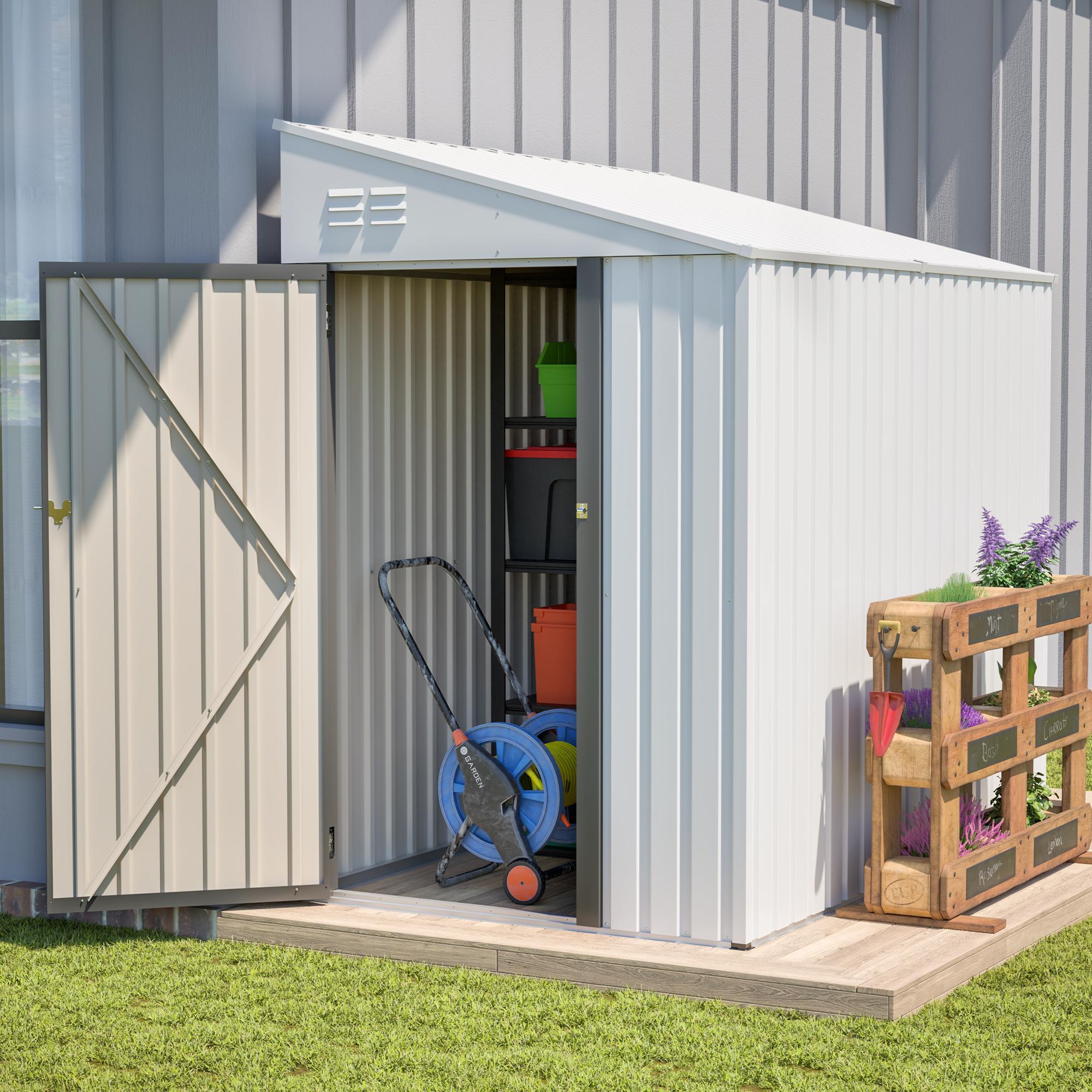 White 4  X 7  Lean-To Storage Shed, Heavy-Duty Metal Outdoor Garden & Bike Shed With Lockable Door, Easy Assembly  Storage Solution