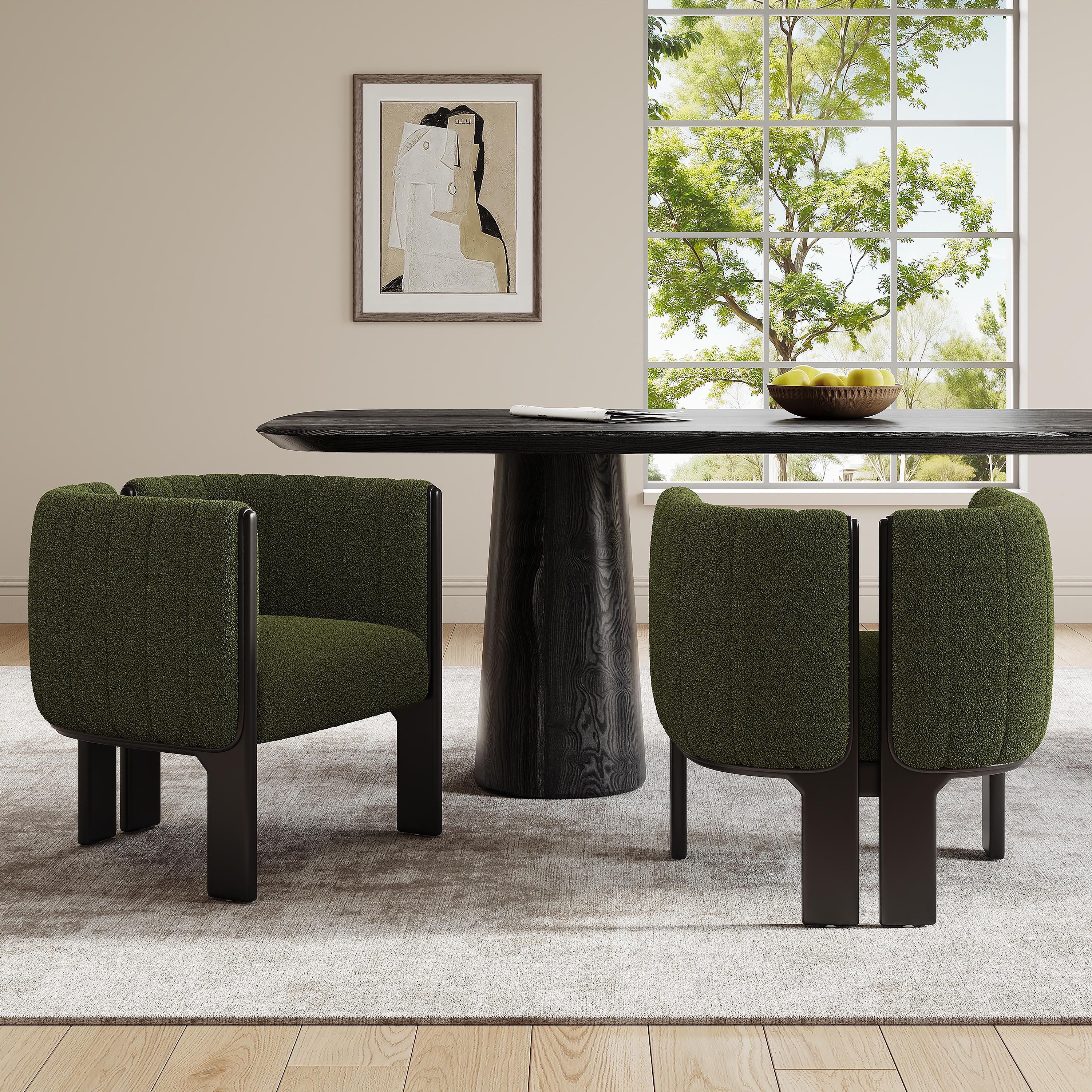 Dining Chairs Set Of 2, Modern Stylish Seating With Black Rubber Wood Frame And Olive Green Boucle Fabric, 300lbs Capacity, For Dining Area, Living Space