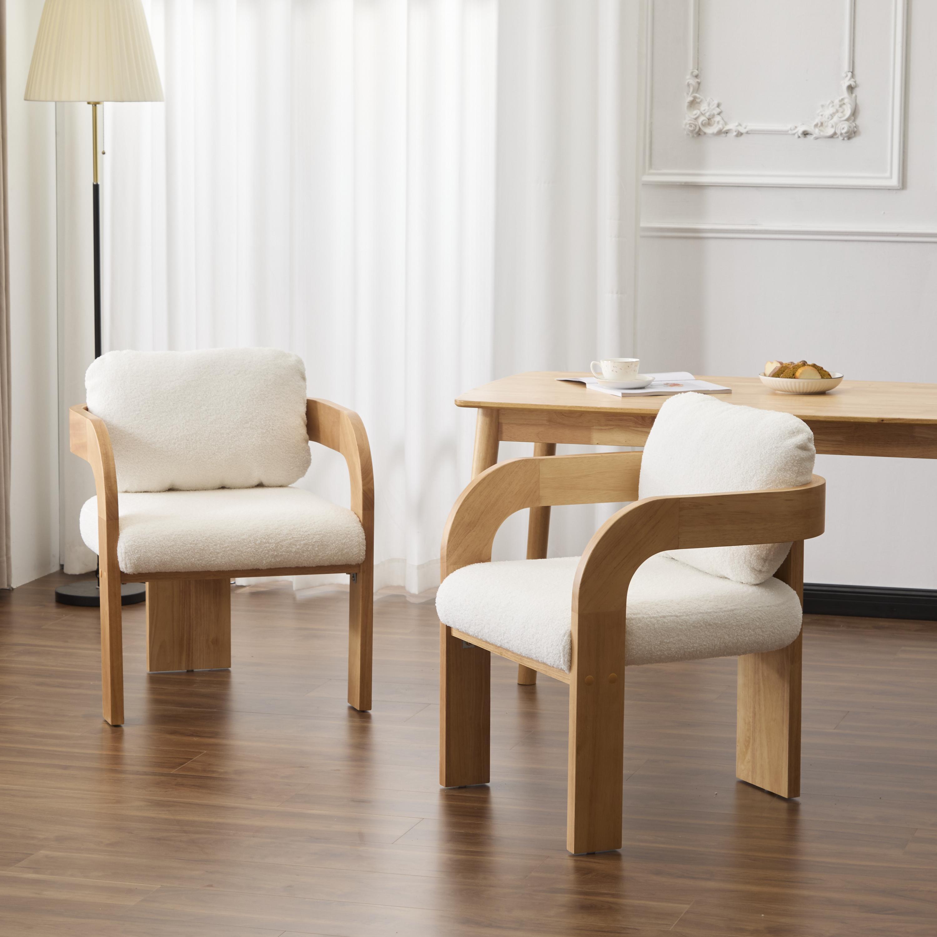 2-Pack Dining Chairs With Pillow Back, White Boucle Fabric, Natural Color Solid Wood Frame