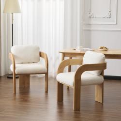 2-Pack Dining Chairs With Pillow Back, White Boucle Fabric, Natural Color Solid Wood Frame