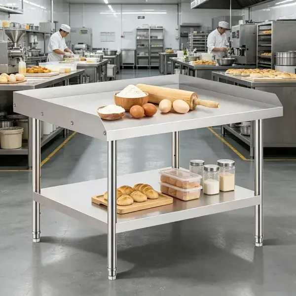 Sleek Metal Work Table With Easy To Clean And Adjustable Shelves For Kitchen