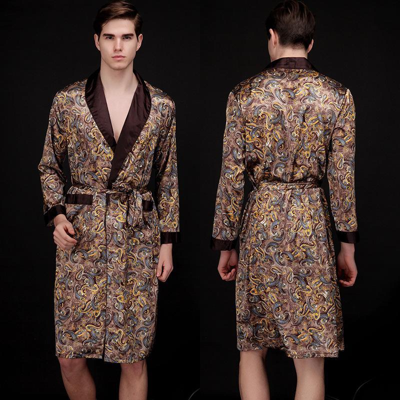 Mens Summer Long Ice Silk Pajamas Nightgown